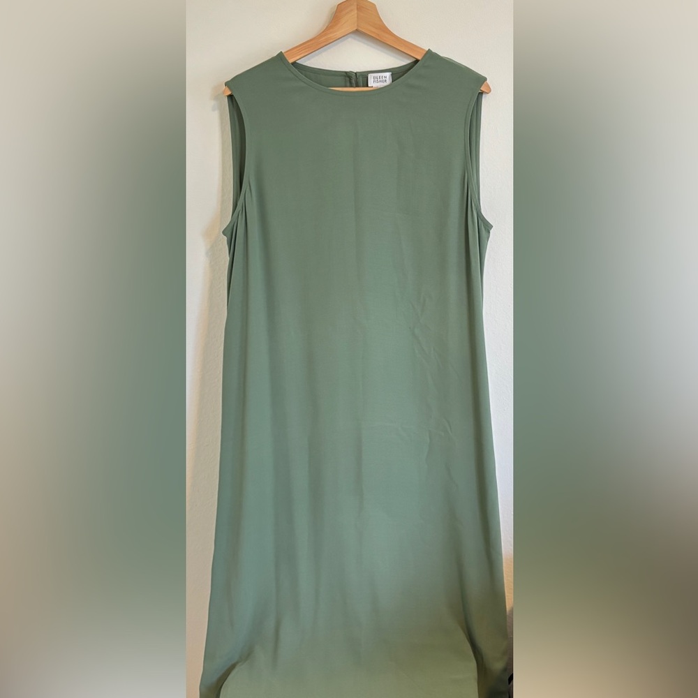 Vintage Eileen Fisher 100% Silk Sleeveless Green Shift Dress Size Large